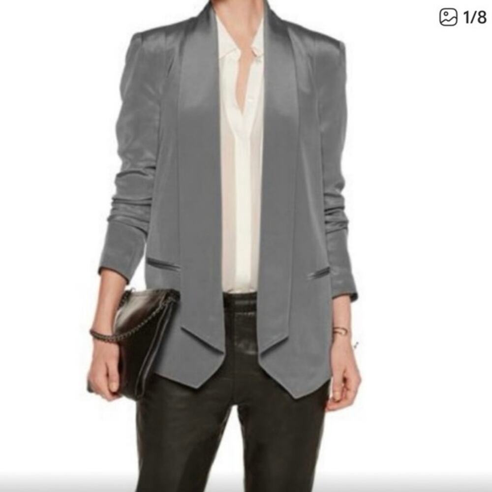 Rebecca Minkoff Becky Gray 100% Silk Blazer Long Lapel Push Up Sleeve Size 4